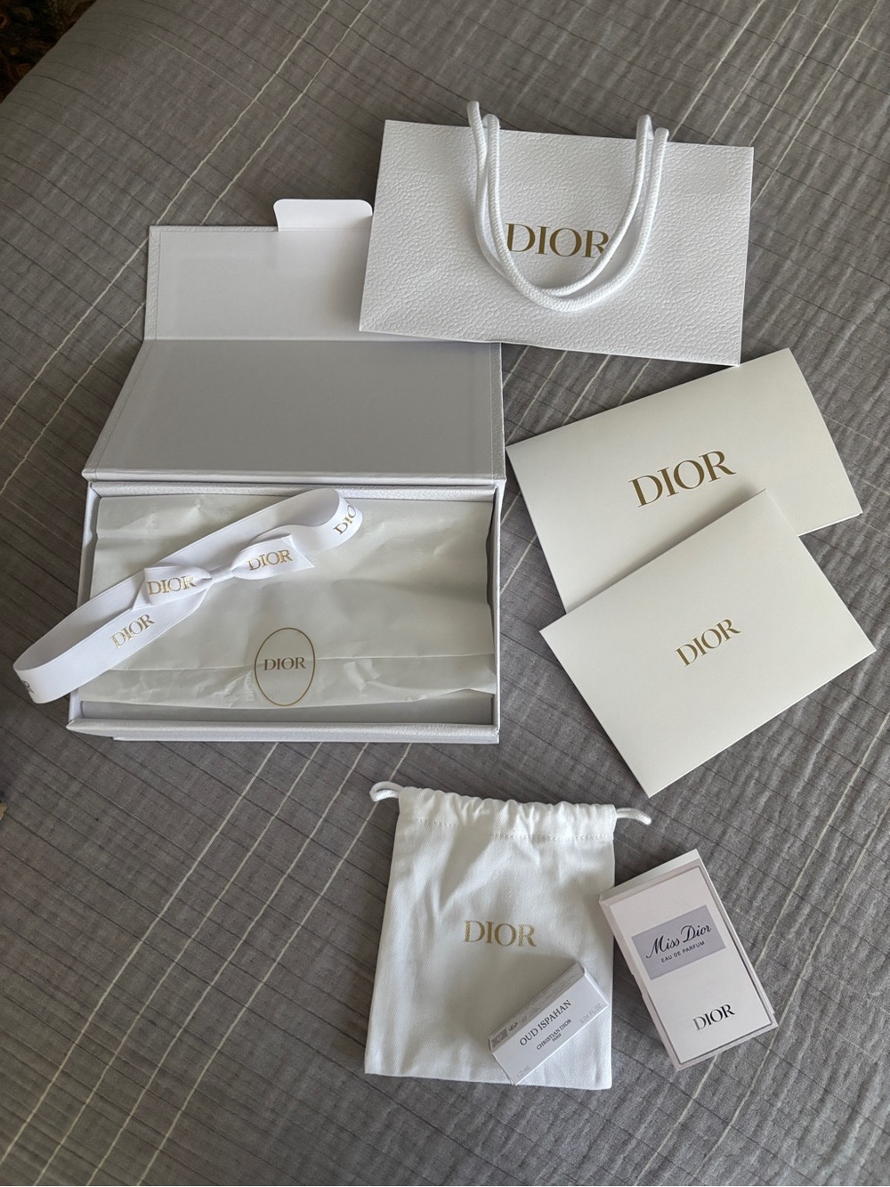 Dior Gift Box Complete Set Ribbon Tissue Card, Gift Bag, Parfum Samples New 8x5”